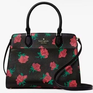 Kate Spade Bag Madison Rose Toss Printed Medium Satchel Black Leather Handbag